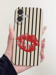 1pc Minimalist Striped Red Lip Pattern Glossy Hard Phone Case Compatible With IPhone 11, 12, XR, 13, 13 Pro, 13 Pro Max, 14, 14 Pro, 14 Pro Max, 15, 15 Pro, 15 Plus, 15 Pro Max, 16, 16 Pro, 16 Plus, 16 Pro Max, 16e - Multicolor - View 1