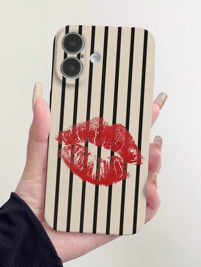 1pc Minimalist Striped Red Lip Pattern Glossy Hard Phone Case Compatible With IPhone 11, 12, XR, 13, 13 Pro, 13 Pro Max, 14, 14 Pro, 14 Pro Max, 15, 15 Pro, 15 Plus, 15 Pro Max, 16, 16 Pro, 16 Plus, 16 Pro Max, 16e
