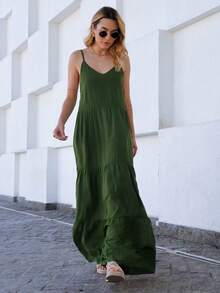 Viscolinho Women's Long Dress With Adjustable Straps - Army Green - View 7