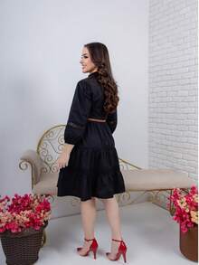 Elegant Midi Dress With Buttons, Loose Godet Chamise, 3/4 Sleeve Evangelical - màu đen - Xem 2