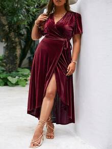 Simplee Women's Plus Size Butterfly Sleeve V-Neck Wrap Tie Waist Dress, Christmas Dress, Shiny Dress, Wedding Guest Dress, Birthday Dress