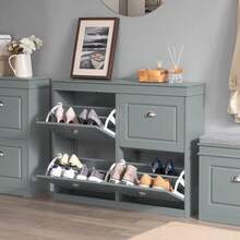 SoBuy Shoe Cabinet With 4 Flaps, Shoe Rack, Shoe Tipper With 8 Storage Compartments, Shoe Chest, Shoe Storage, White, BHT Approx. 105x82x24cm, FSR79-W - 灰色 - 查看 9