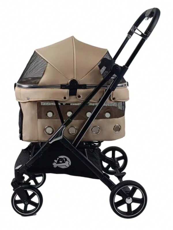 Premium One-Click Folding Pet Stroller, Specially Designed For Senior Dogs/Cats, Features Removable & Washable Fabric And Shock-Absorbing Wheels - Spacious & Breathable Multi-Pet Travel Space, Includes Storage Basket, Fashionable Khaki Color (Ideal For European Travel)