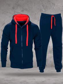 LoveMyFashions Men's 2pcs Set Tracksuit Full Sleeve Solid Color Drawstring Waist Zip Up Hoodie & Sweatpants Two Pieces Set With Pockets - Navy/Red - View 4