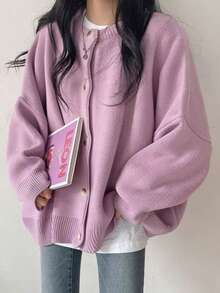 EAVA Gentle Lavender Purple Solid Color Long Sleeve Knit Cardigan, Single-Breasted Regular Length Slightly Elastic Skin-Friendly Women's Cardigan - Mauve Purple - View 3