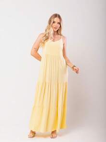 Women's Long Viscose Dress With Adjustable Straps - 黃色 - 查看 3