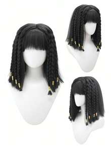 用这款精致的黑色埃及艳后假发释放你内心的埃及女神 - 非常适合主题派对、万圣节和角色扮演活动，配有编织细节和金色装饰 - 自然黑 - 查看 2