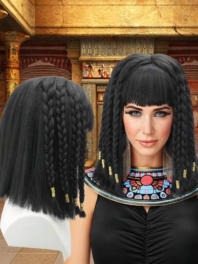用这款精致的黑色埃及艳后假发释放你内心的埃及女神 - 非常适合主题派对、万圣节和角色扮演活动，配有编织细节和金色装饰