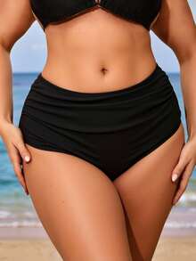 Swim Lushoire Summer Beach Plus Ruched High Waisted Bikini Bottom - Black - View 2