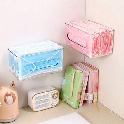 1pc Plastic Wall-Mounted Storage Box, Transparent Adhesive Cabinet Door Organizer Rack, No Drilling Required, With Self-Adhesive Tape, Suitable For Bathroom, Kitchen, Living Room