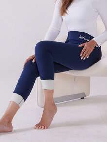 女式天鹅绒内衬高腰紧身打底裤，保暖内衣，秋冬 - 藍色 - 查看 6