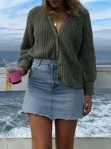 Casual Loose Long Sleeve Solid Color Ribbed Front Button Women Cardigan, Suitable For Holidays, Daily Wear, Travel, Tea Party, Brunch, Country Music Concert, Spring/Autumn/Winter