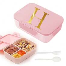 Caja de almuerzo de plástico con 3 compartimentos y patrón de 26 letras, de gran capacidad, apta para microondas, contenedor de almacenamiento de alimentos, caja bento portátil con cuchara y tenedor, adecuada para picnic, oficina, aperitivos - Rosa - Ver 16