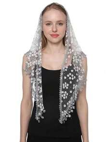 1pc Women Floral Lace Shawl With Hollow-Out Flower Pattern Decor, Breathable Fringed Triangle Scarf For Outdoor And Daily Use, Summer - Multicolor - View 29