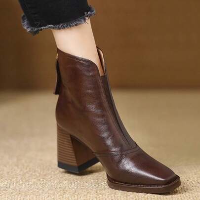 2025 New Fashion Women's Vintage Niche Chunky Heel Ankle Boots, Pointed Toe, Back Zipper, Women's High Heel Ankle Boots