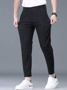 Men's Plaid Button Detail Casual Pants Without Belt, Suitable For Outings, Vacations, Parties, Slim Fit Suit Pants