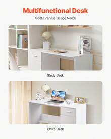 Small Desk With Drawer, Kids Desk For Bedroom, Wooden Simple Study Table For Drawing, Reading, Writing, Rectangle MDF Study Storage Table With Adjustable Shelf For Home, Office, White - White - View 6