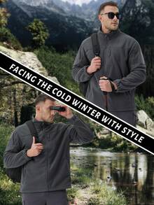 KEFITEVD Men's Fleece Jacket Casual Cargo Work Jacket Winter Full Zip Fleece Lined Warm Coat - Dark Grey - View 7