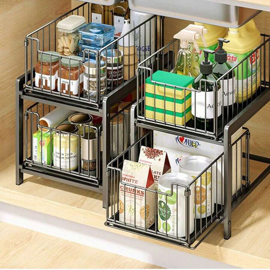 Under Cabinet Organizer Kitchen Cabinet With 2 Levels Kitchen Shelf Worktop Metal Undersink For Kitchen Bathroom - màu đen - Xem 1