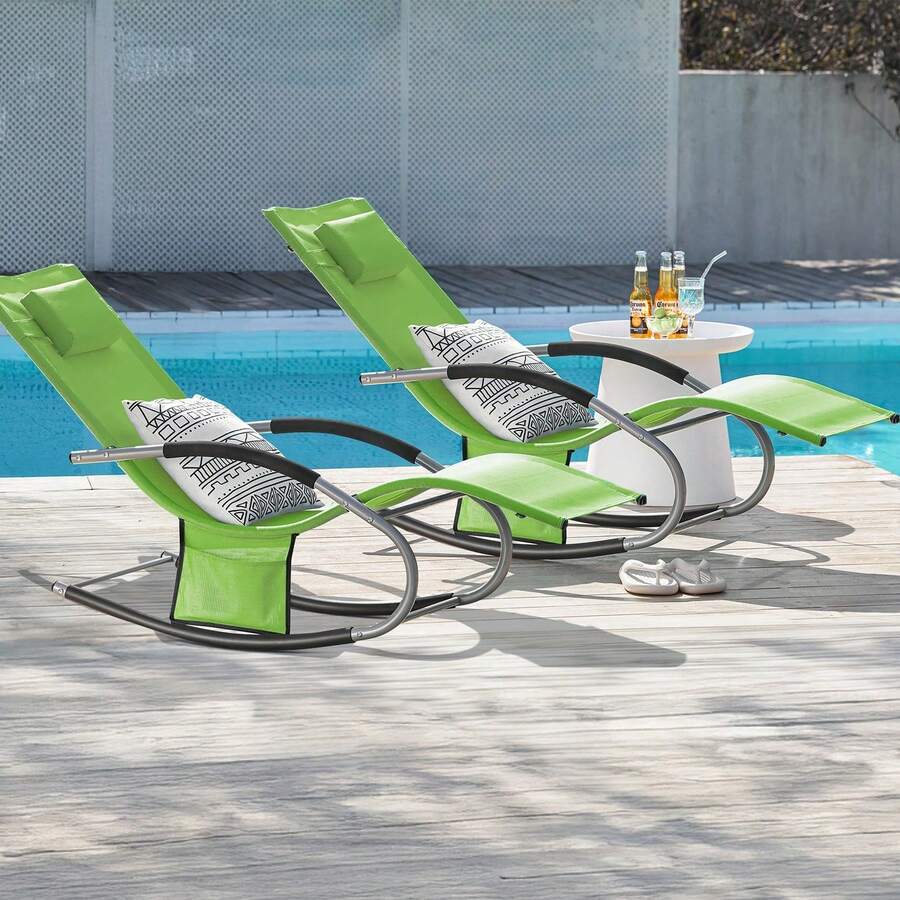 SoBuy Set Of 2 Sun Lounger Garden Chair Recliner With Cushioned Pillow & Side Pocket Garden Rocking Chair With Steel Frame 150kg Capacity Outdoor Garden Furniture For Patio Poolside OGS28x2