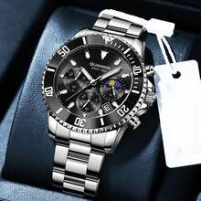 1 szt. GUANQIN Wodoodporny, świecący zegarek chronograf z kalendarzem i fazami księżyca, odporny na zużycie pasek ze stali nierdzewnej, modny, biznesowy, luksusowy, sportowy, klasyczny, prosty, codzienny, mechaniczny, męski, automatyczny zegarek kwarcowy, odpowiedni na Walentynki, festiwale, randki, biznes, na co dzień, prezenty