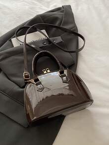 时尚纯色简约亮面PU手提包，适合购物、日常携带、年轻女性、大学生、年轻职业人士、办公室、学校、工作、商务、通勤、户外活动、旅行和短途旅行。 - 咖啡 - 查看 5