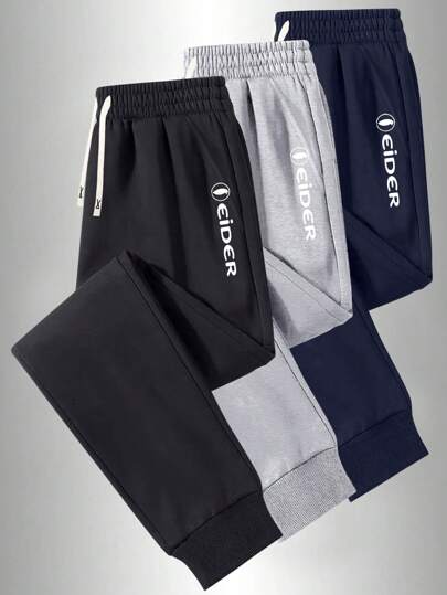 3 piezas Pantalones deportivos casuales para hombres, con estampado gráfico de letras, cintura elástica con bolsillos, adecuados para primavera, otoño, invierno, ropa urbana, trotar, viajes, vacaciones, actividades al aire libre, ir al trabajo, campamento, regalo ideal para esposo o novio