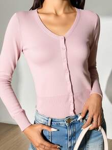 Cardigán de mangas largas con botones al frente para mujer suéter jersey - Rosa - Ver 3