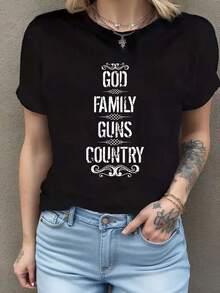Camiseta informal de moda para mujer, cuello redondo, estilo God Family Guns Country Camiseta de manga corta de algodón de 220 g, impresión por una cara - Negro - Ver 1