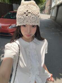 女式短袖纯色荷叶边领衬衫 - 白色 - 查看 6