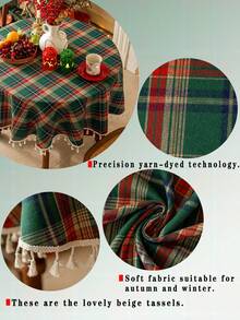 1pc Christmas Green Plaid Tablecloth, Round Table Cover, 47/55inch Diameter, Thick Woven Brushed Fabric, Suitable For Home, Kitchen, Dining Room, Dinner, Gathering, Holiday, Party, Autumn, Christmas, New Year Decoration, Happy New Year