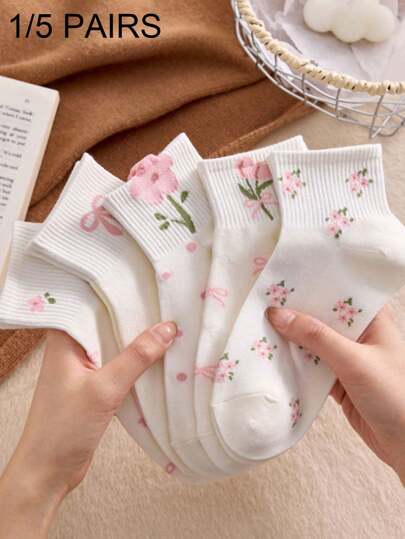 1/5双装女士纯色蝴蝶结郁金香花图案短袜，时尚简约休闲舒适，适合日常穿着、旅行、派对搭配，四季皆宜，圣诞礼物佳选。