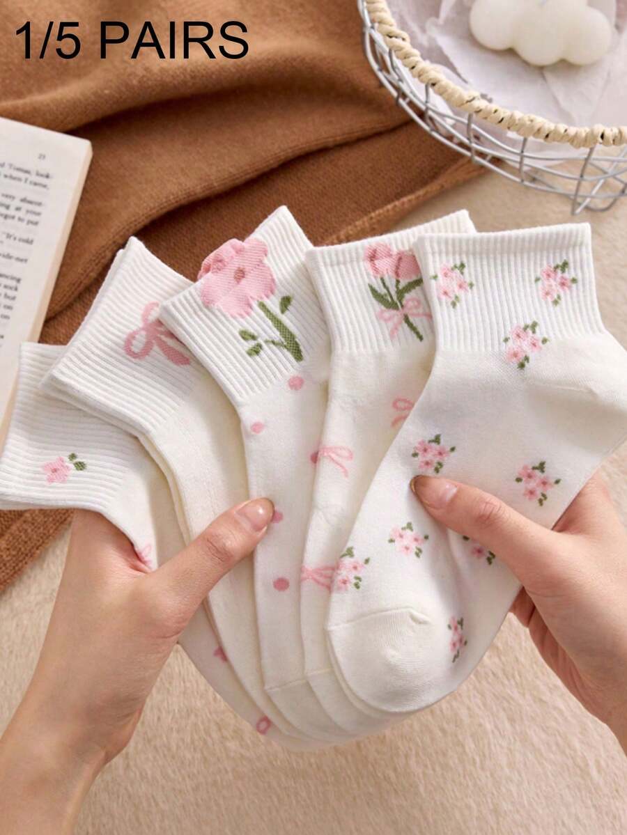 1/5双装女士纯色蝴蝶结郁金香花图案短袜，时尚简约休闲舒适，适合日常穿着、旅行、派对搭配，四季皆宜，圣诞礼物佳选。