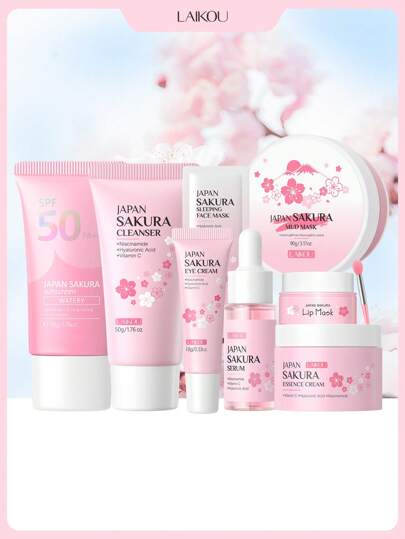  Set de cuidado de la piel con aroma a flor de cerezo de Japón de Laikou (máscara de dormir de 3g, crema limpiadora de 50g, esencia de 17ml, máscara labial de 8g, protector solar hidratante de 50g, crema de esencia de 25g, crema para ojos de 15g, máscara de arcilla de 90g), regalo para la novia, incluye cosméticos