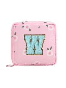 1pc Pink A-Z Embroidered Sanitary Pad Pouch - Large Capacity, Waterproof, Cartoon Pattern - Essential For Women's Periods! Waterproof Cosmetic Bag, Coin Purse - Multicolor - View 14