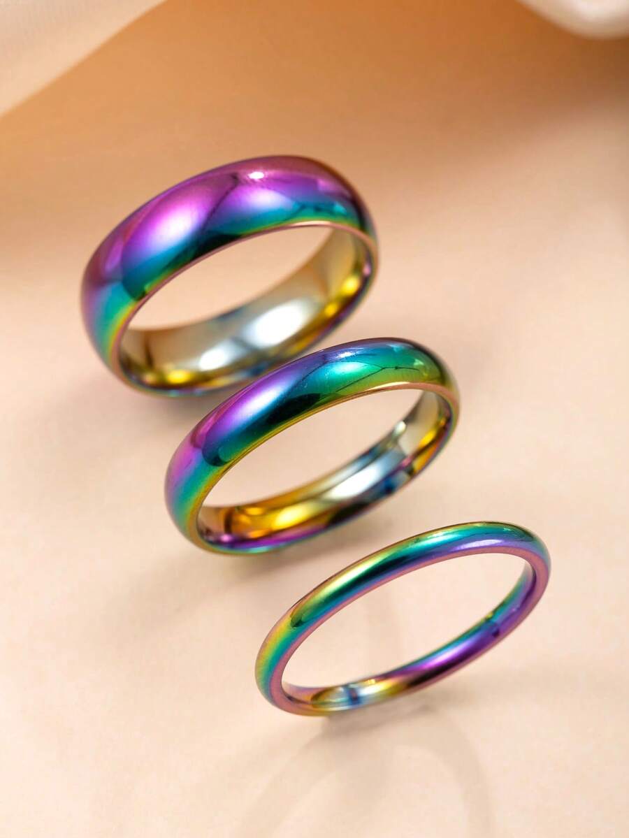 3 Stücke bunter, glatter Edelstahl Paar-Ring Set, schlichte stapelbare Bänder für den täglichen Gebrauch und als Valentinstags-Geschenk - Farbe - Übersicht 1