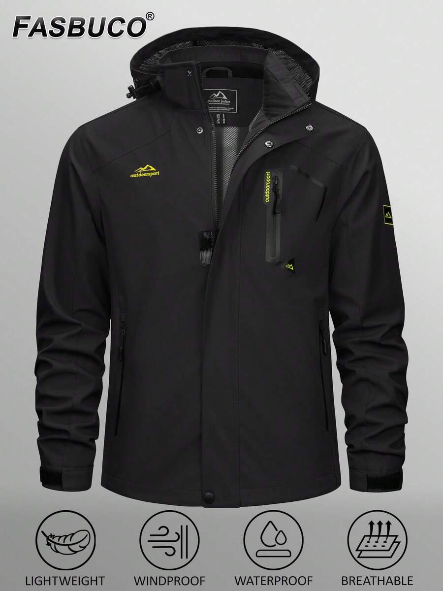 Men's Hooded Raincoat Waterproof Outdoor Hiking Jacket Casual Work Coat Outerwear - 黑色 - 查看 1