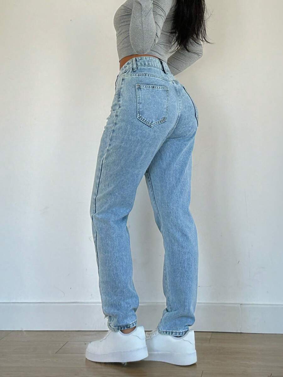 American-Style Simple And Casual Stretch Skinny Women's Jeans; Washed Solid Color Women's Pocket Jeans; Suitable For Daily Commuting, Shopping, And Parties. - 淺色水洗藍 - 查看 1