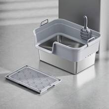 Caja de arena de acero inoxidable con tapa, caja de arena para gatos grandes de metal de gran tamaño, diseño de alto respaldo con pala y pedal, antiadherente, antifiltraciones, fácil de limpiar-ligera