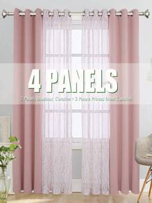 2 件树枝印花 + 2 件纯色遮光窗帘 4 件套，乡村花卉印花装饰窗帘，顶部有不锈钢环，方便安装 - 灰色 - 查看 4