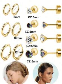 DAILI Gold Earring Sets For Women Multiple Piercing Titanium Stainess Steel Stud Earrings For Sensitive Ears Dot Ball Opal Cubic Zirconia, 20 Gauge, Stud And Hoop Earrings Set Titanium Earrings With Flat Back For Women 3-8 Psirs