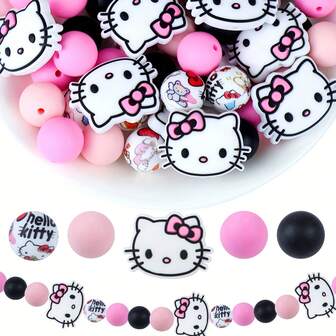  25件Sanrio粉色Hello Kitty硅胶珠套装