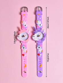 Set de 2 relojes de cuarzo analógicos con correa de silicona suave y diseño de unicornio de dibujos animados para niñas, reloj de pulsera con patrón creativo para estudiantes - Multicolor - Ver 4