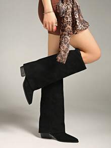 秋冬卡其色阔腿裤女筒靴，2024年夏季新品，尖头直筒高筒靴，西部牛仔靴，及膝靴 - 黑色 - 查看 5