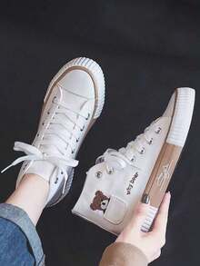 lona de altasuperior con dibujo de oso para mujer,Zapatillas de casuales deporte para mujer,estilo de moda y clásico, suela antideslizante y resistente al desgaste, cómodo y suave, diseño con cordones, fácil de llevar, adecuado para Halloween, Navidad, fiestas tenis de cumpleaños, reuniones, jogger,trabajo y uso diario - Beis - Ver 11