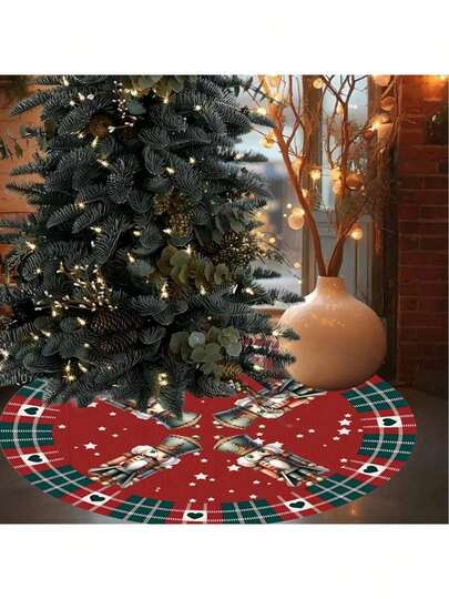 1pc/260pcs Christmas Tree Skirt, Black & Red Plaid Pattern With Nutcracker Soldier Elements Carpet, Suitable For Indoor & Outdoor Floor Decor, Christmas Atmosphere Tree Skirt, Christmas Family Gathering Party Floor Carpet, Decorate Tree Base, Fit For Christmas Scene Arrangement, Holiday Atmosphere Decor, Living Room Christmas Tree Setup, Holiday Party Scene, Home Christmas Decoration, Create Sweet Christmas Vibe