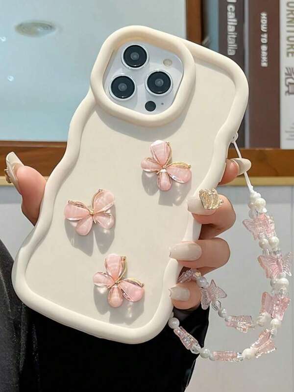 1pc Fashionable Candy Wave Luxury 3D Crystal Butterfly Full Coverage Phone Case With Beaded Butterfly Wrist Strap, Compatible With IPhone 16/16 Pro/16 Plus/16 Pro Max/15/14/13/12/13 Pro Max/11, Full-Body Shockproof TPU Protective Cover, 3D Floral Decor, Pearl Embellishment, Minimalist Design, Suitable For Daily Use And Outdoor Carrying, Perfect Protection For Your Phone
