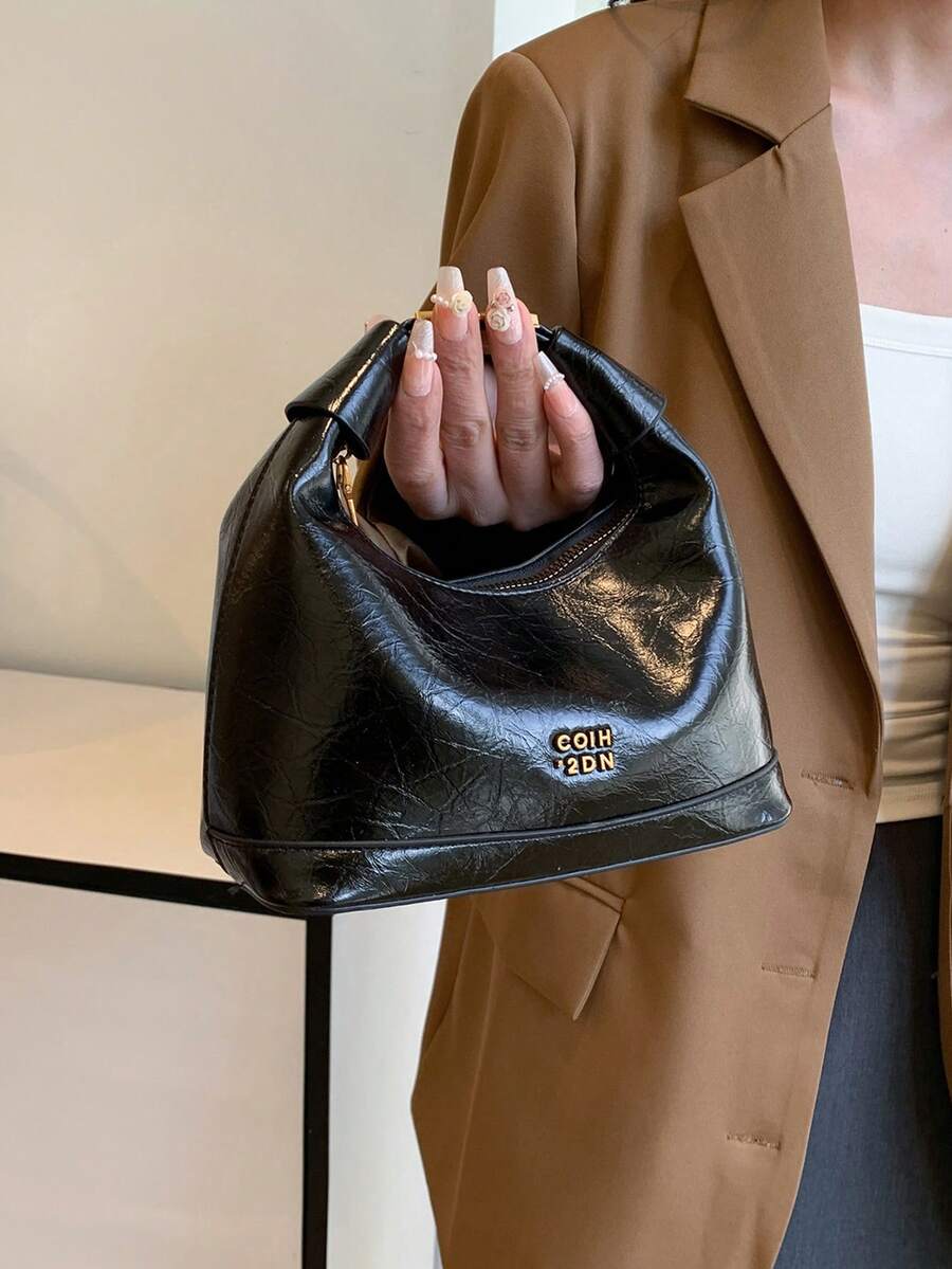 Tas Tangan PU Tahan Air Motif Badut Warna Solid Terbaru, Dekorasi Grafis Huruf, Penutup Resleting, Tas Tote Persegi, Tas Tangan Burgundy, Dekorasi Liontin, Tali Bahu yang Dapat Diatur, Cocok untuk Berbelanja - Hitam - View 1