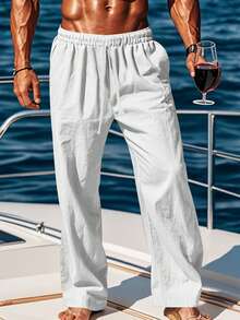 Men's Casual Cotton Linen Pants Solid Color Drawstring Waistband Wide Leg Beach Trousers - 白色 - 查看 4