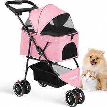 Pet StrollerDog Stroller For Small Medium Dogs Cats 3 Wheels Foldable With Breathable Mesh Canopy Cup Holders Easy Assembly Pink